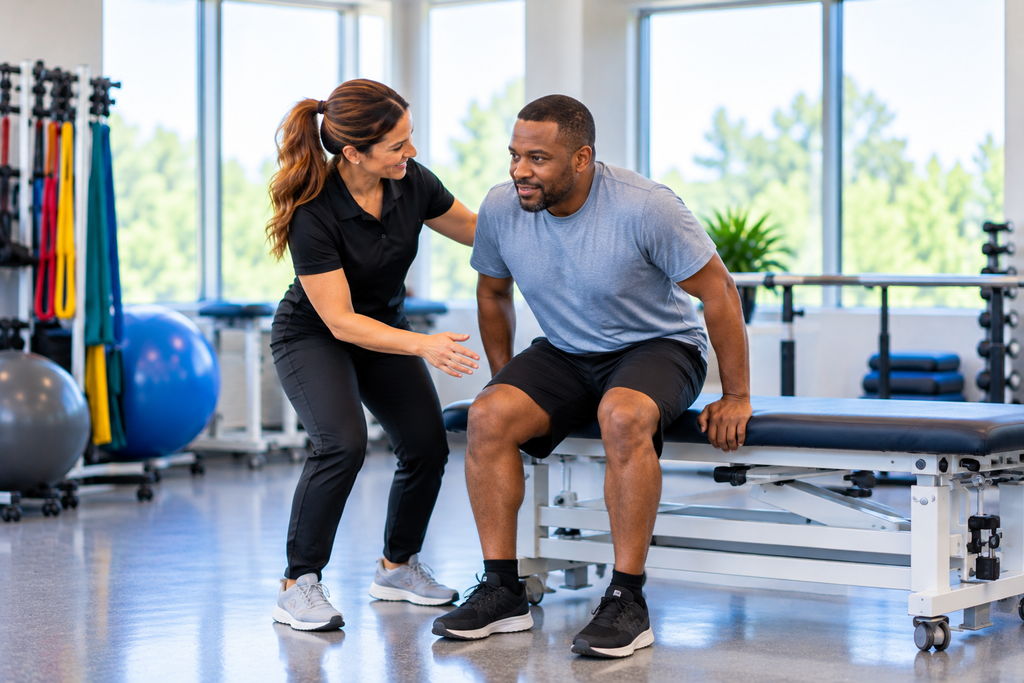 Patient practicing a supported sit-to-stand exercise with a physical therapist, illustrating mobility training used in mixed cerebral palsy physical therapy.