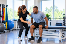Patient practicing a supported sit-to-stand exercise with a physical therapist, illustrating mobility training used in mixed cerebral palsy physical therapy.