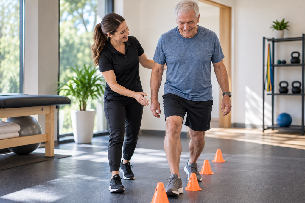 Patient practicing walking and balance during mobility limitations physical therapy.