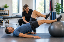 Patient performing a hamstring strengthening exercise during muscle strain physical therapy.