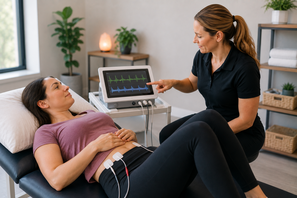 Pelvic floor biofeedback during pelvic health physical therapy in South Portland, Maine.