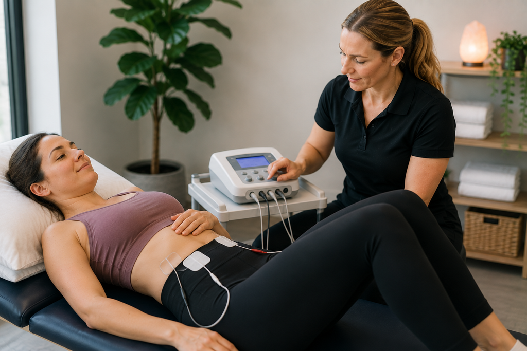 Pelvic floor electrical stimulation during pelvic health physical therapy in South Portland, Maine.
