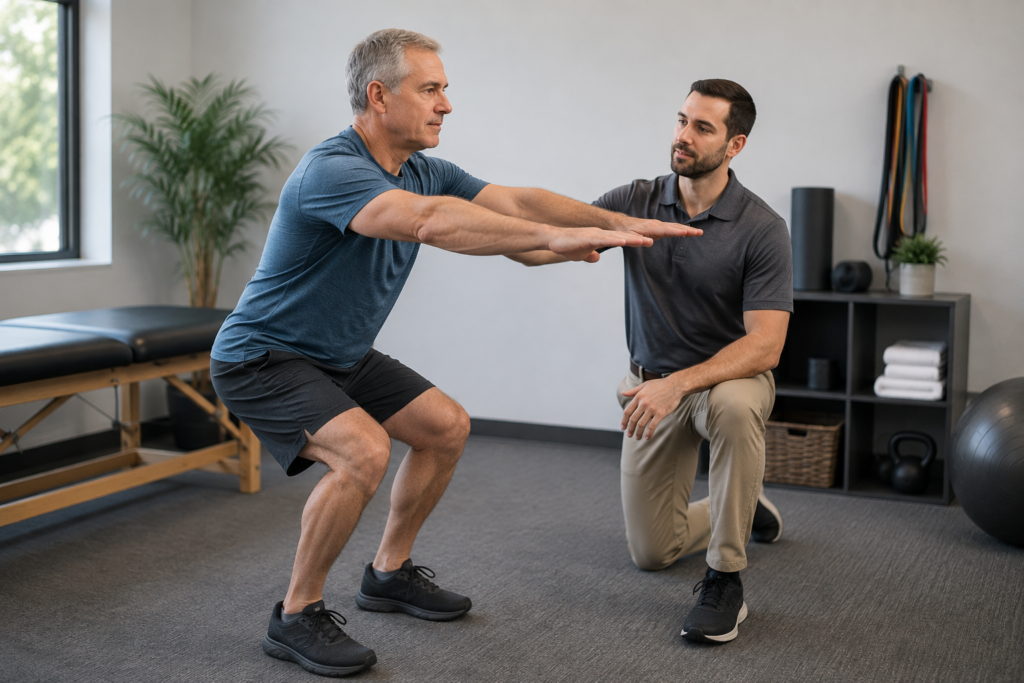 Male patient receiving pelvic floor rehabilitation after prostate surgery at a physical therapy clinic.