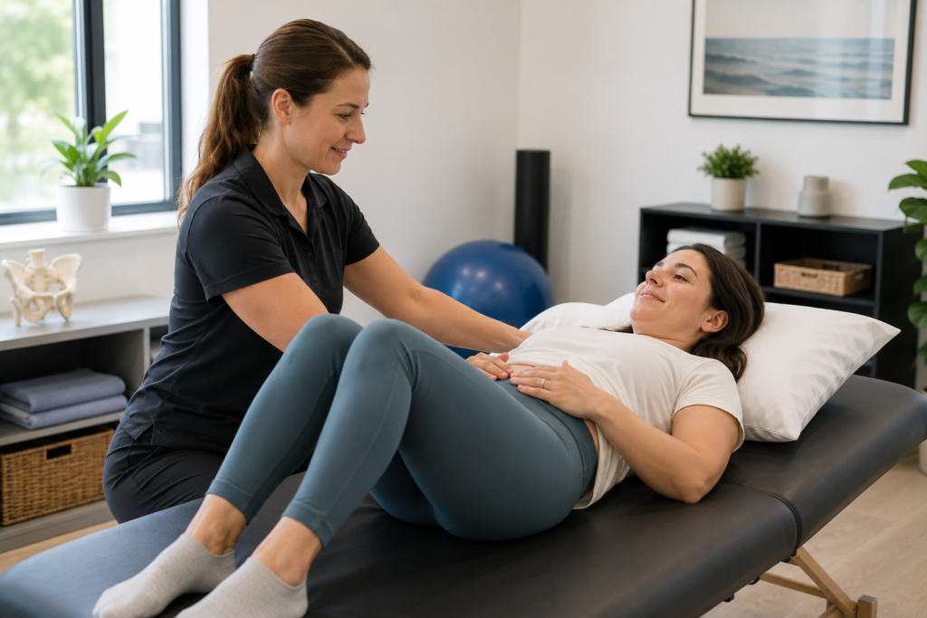 Physical therapist providing one-on-one pelvic health physical therapy to a woman in South Portland, Maine.