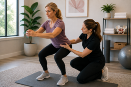 Pelvic organ prolapse patient practicing strength and pressure management with a pelvic floor physical therapist.
