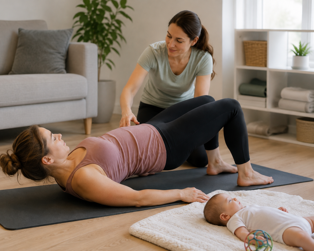 Physical therapist guiding a new mother through postpartum recovery exercises while her baby rests nearby.