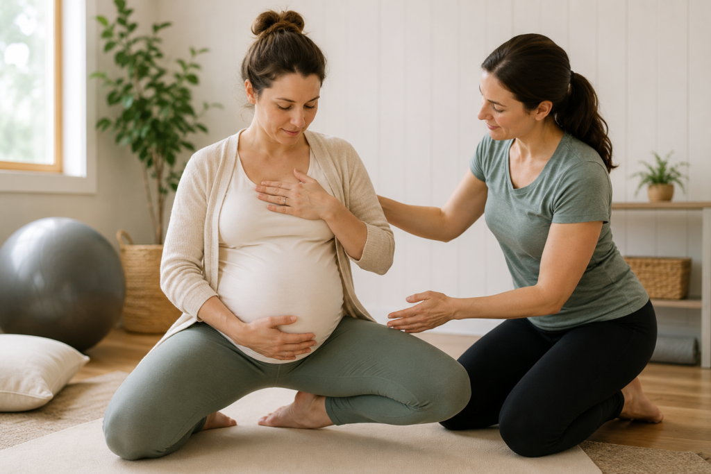 Pregnant patient receiving pregnancy birth preparation with a pelvic health physical therapist in South Portland, Maine.