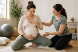 Pregnant patient receiving pregnancy birth preparation with a pelvic health physical therapist in South Portland, Maine.