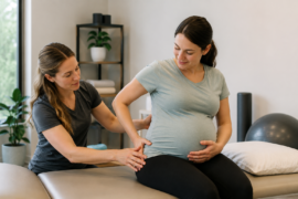 Physical therapist helping a pregnant woman with pregnancy pain, movement, and pelvic support.
