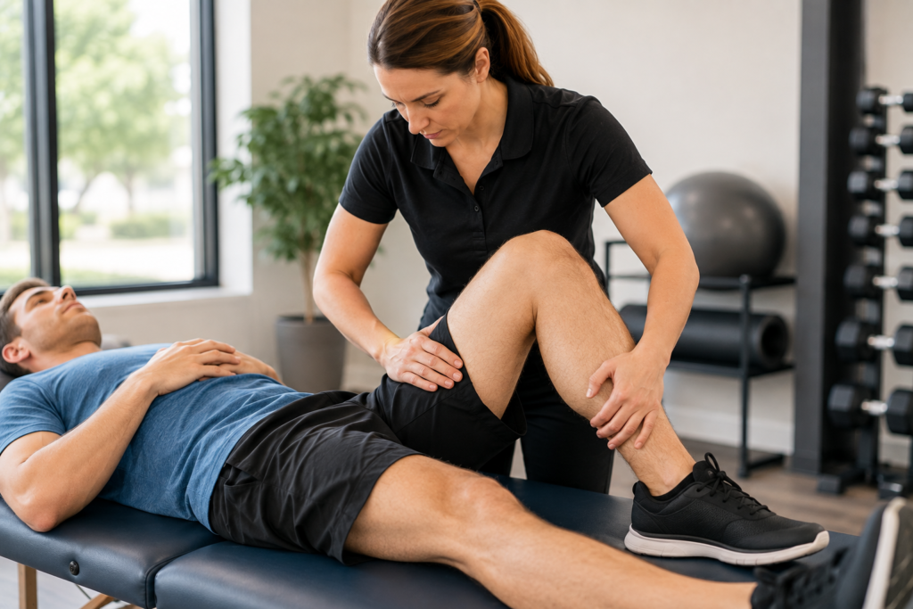 Physical therapist providing quadriceps injury treatment while assessing pain and movement along the front of a patient’s thigh.