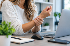 Woman with wrist pain from computer work before repetitive stress injury physical therapy.