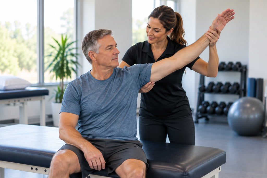 Patient performing a shoulder exercise during rotator cuff repair rehabilitation.