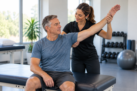 Patient performing a shoulder exercise during rotator cuff repair rehabilitation.