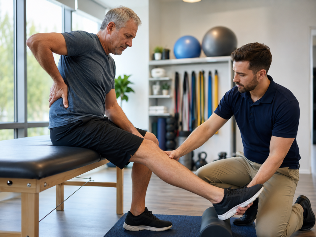 Physical therapist assessing a patient with sciatica pain traveling from the lower back into the leg.