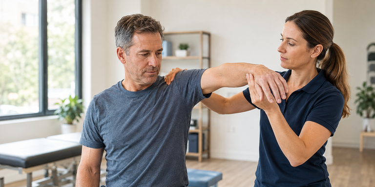 Physical therapist evaluating a patient’s shoulder movement and strength for possible impingement or rotator cuff injury.