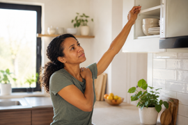 Woman experiencing shoulder pain while reaching overhead into a kitchen cabinet.