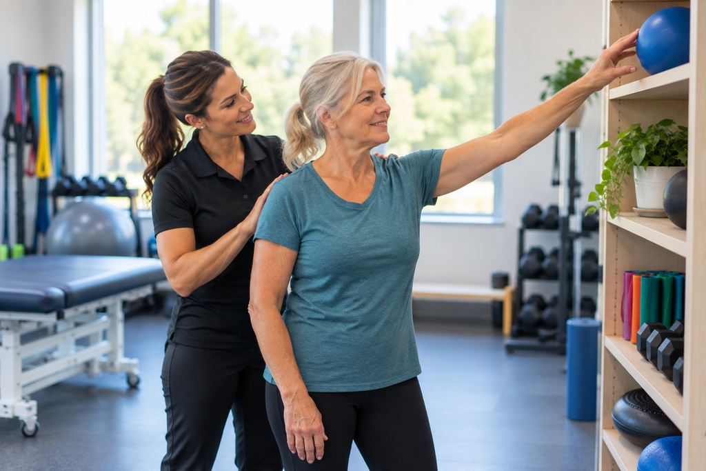 Patient practicing functional reaching during shoulder replacement rehabilitation.