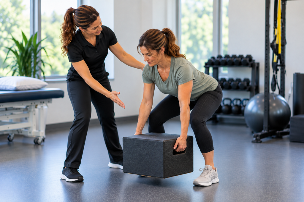 Patient practicing safe lifting during spine surgery rehabilitation with a physical therapist.