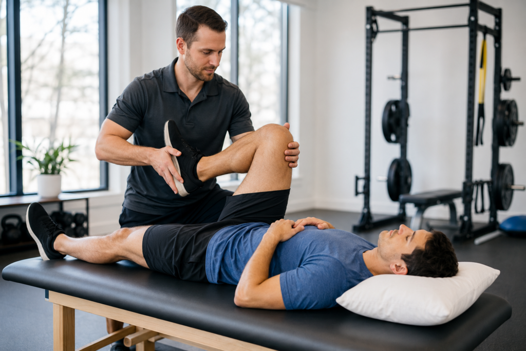 Physical therapist providing one-on-one sports rehabilitation and lower-body mobility treatment to an active adult