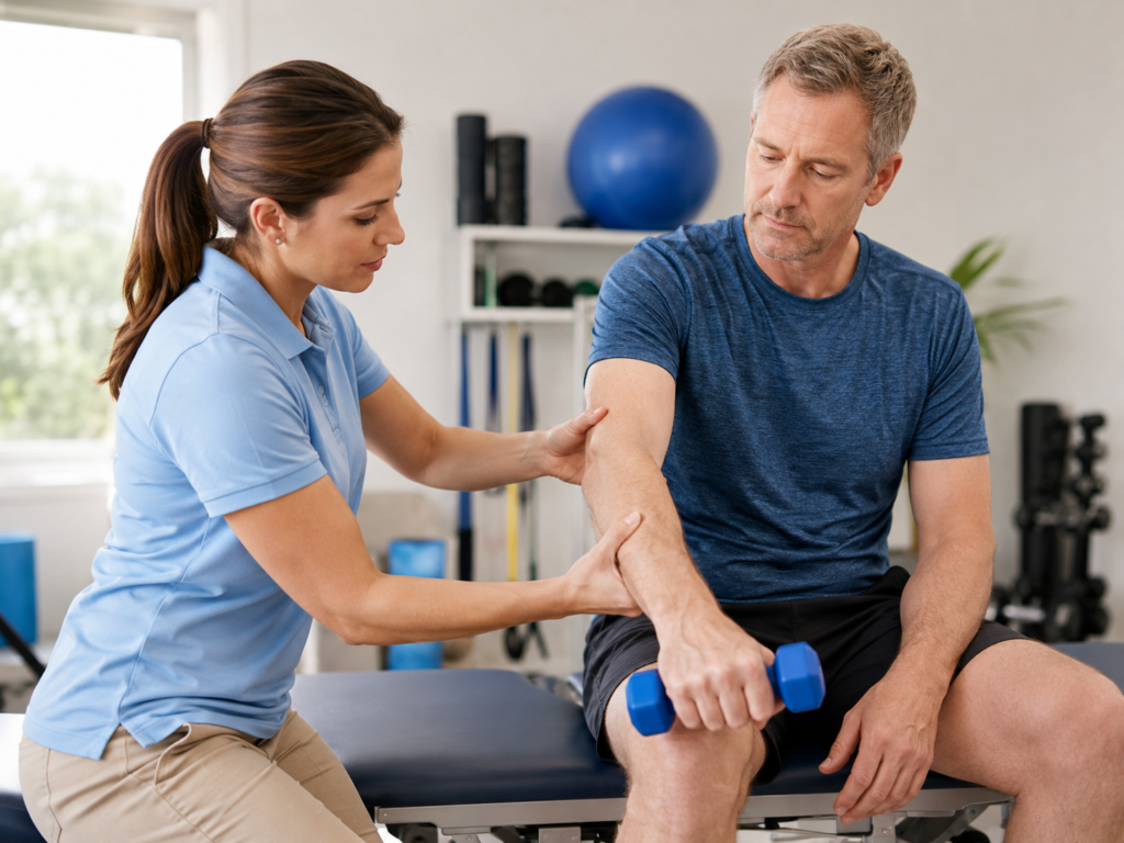 Physical therapist providing tennis elbow treatment while assessing a patient’s outside elbow pain, wrist strength, and grip.