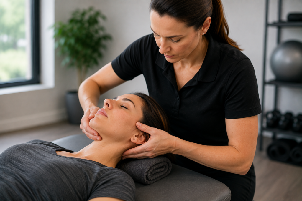 Physical therapist providing TMJ dysfunction treatment while assessing a patient’s jaw movement, neck posture, and facial muscle tension.