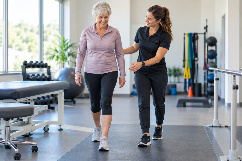  Patient practicing walking during total hip replacement rehabilitation with a physical therapist.