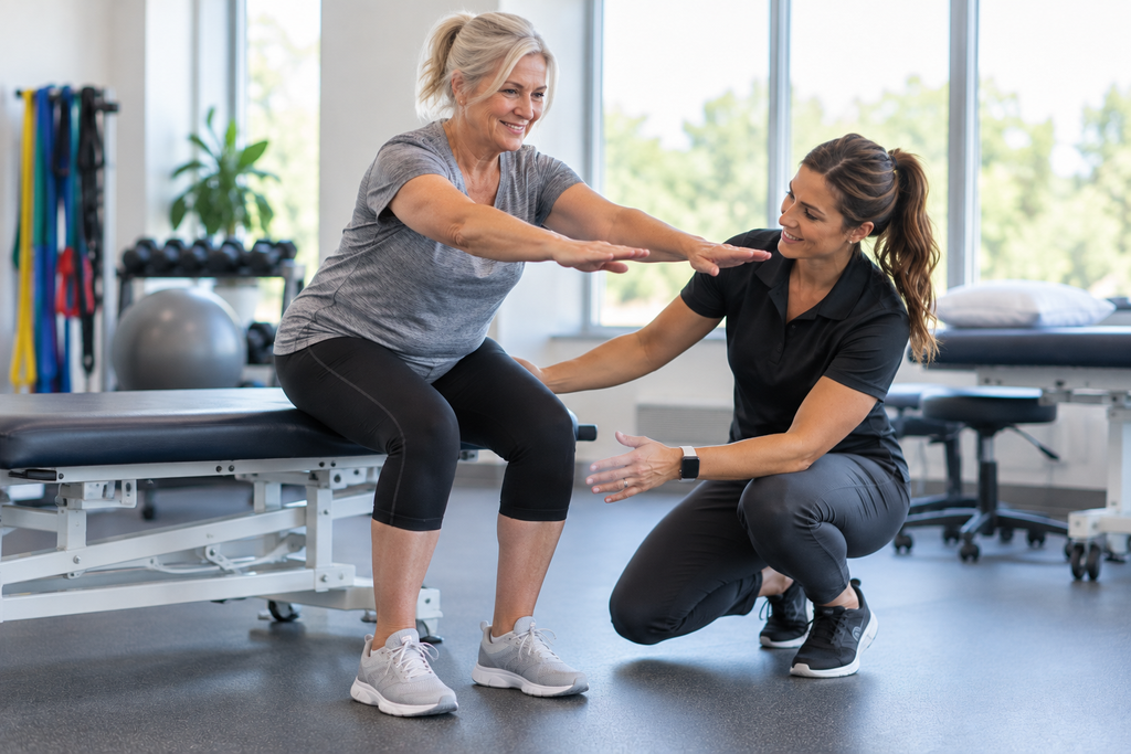 Patient practicing a functional exercise during total knee replacement rehabilitation.