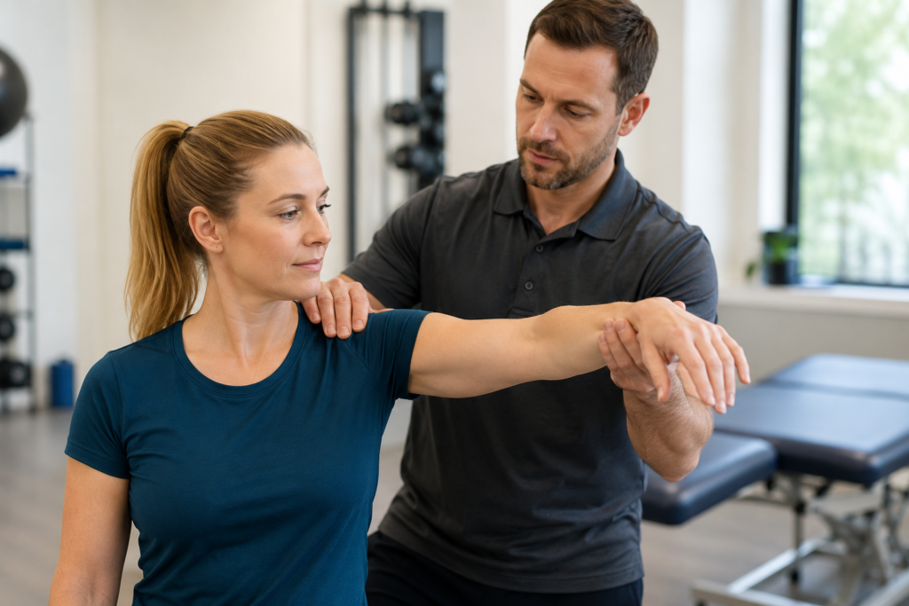 Physical therapist providing one-on-one upper body physical therapy during a shoulder movement assessment in Maine.