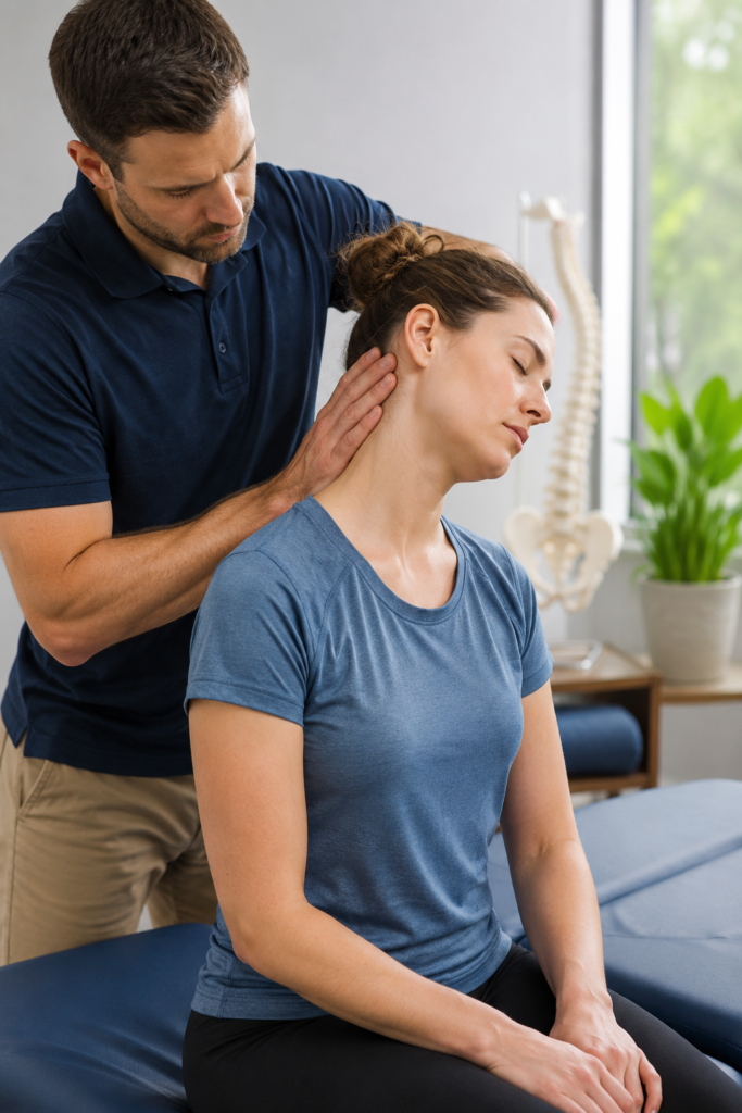 Physical therapist providing whiplash treatment while assessing a patient’s neck movement, stiffness, and upper-back mobility.
